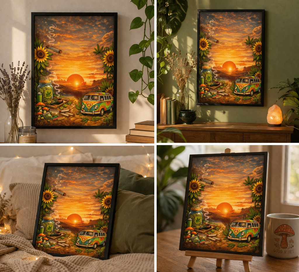 “Golden Sunset Escape Canvas Print | Boho Stoner Vibe Wall Art | Hippie Van, Sunflowers & Peaceful Aesthetic Decor”