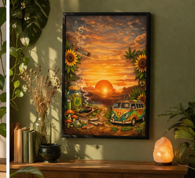 “Golden Sunset Escape Canvas Print | Boho Stoner Vibe Wall Art | Hippie Van, Sunflowers & Peaceful Aesthetic Decor”