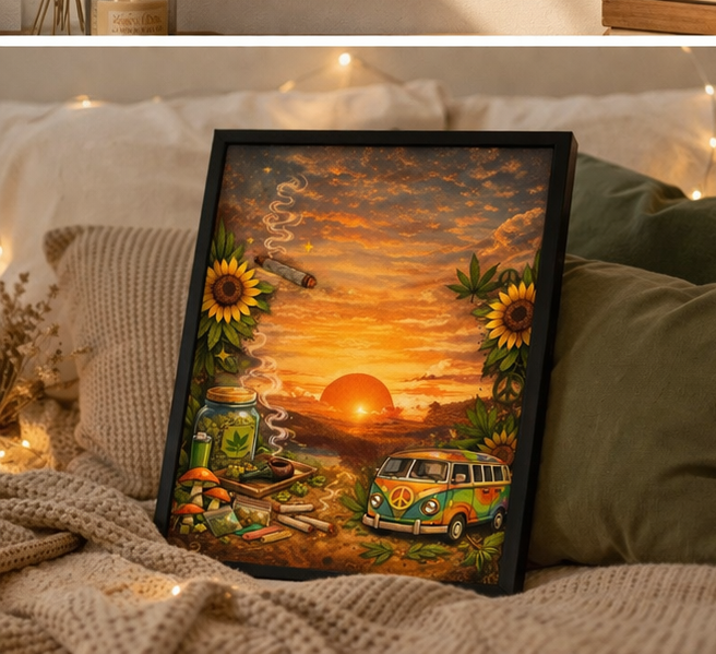 “Golden Sunset Escape Canvas Print | Boho Stoner Vibe Wall Art | Hippie Van, Sunflowers & Peaceful Aesthetic Decor”