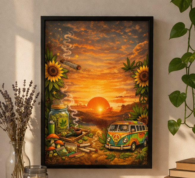 “Golden Sunset Escape Canvas Print | Boho Stoner Vibe Wall Art | Hippie Van, Sunflowers & Peaceful Aesthetic Decor”