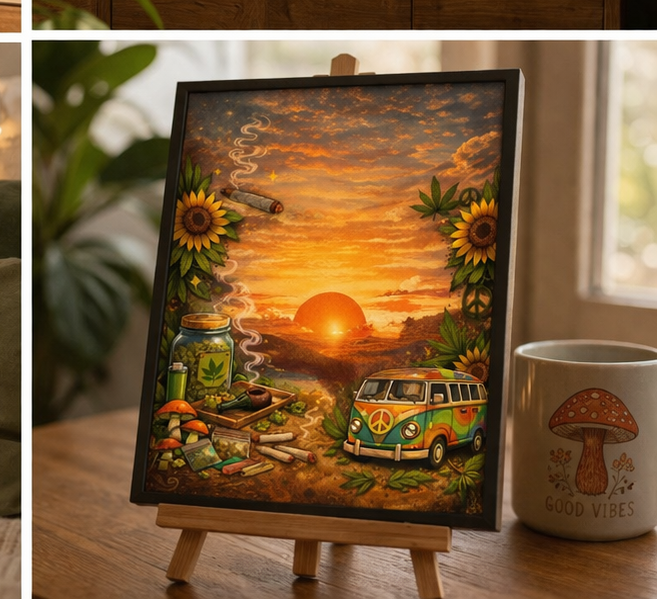 “Golden Sunset Escape Canvas Print | Boho Stoner Vibe Wall Art | Hippie Van, Sunflowers & Peaceful Aesthetic Decor”