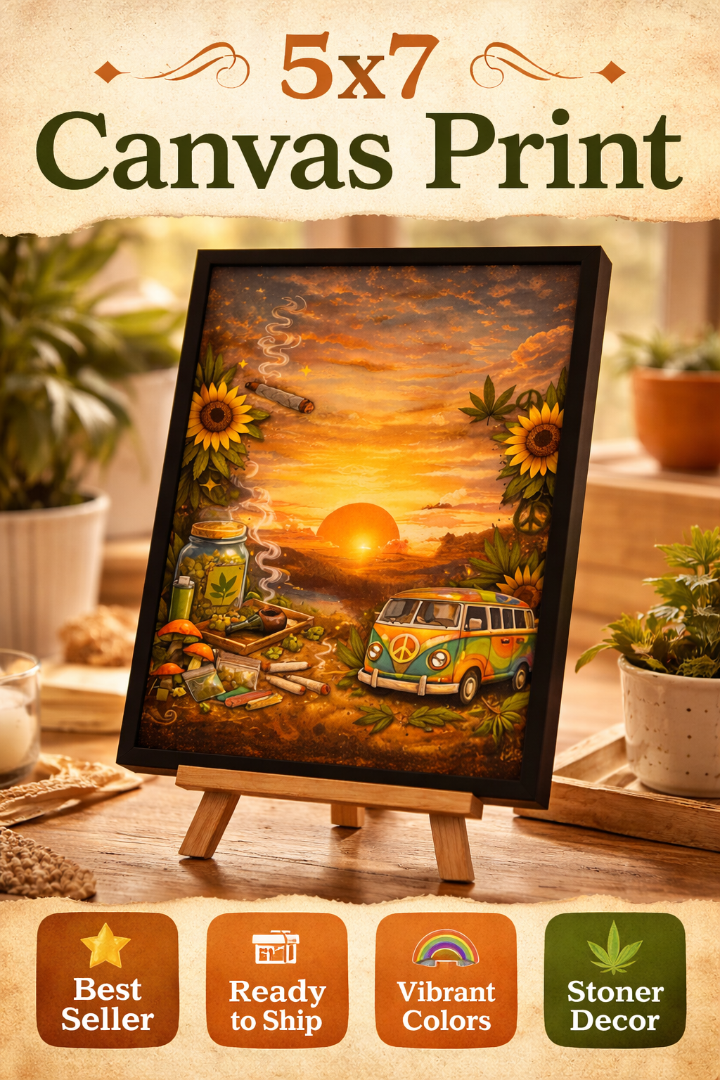 “Golden Sunset Escape Canvas Print | Boho Stoner Vibe Wall Art | Hippie Van, Sunflowers & Peaceful Aesthetic Decor”