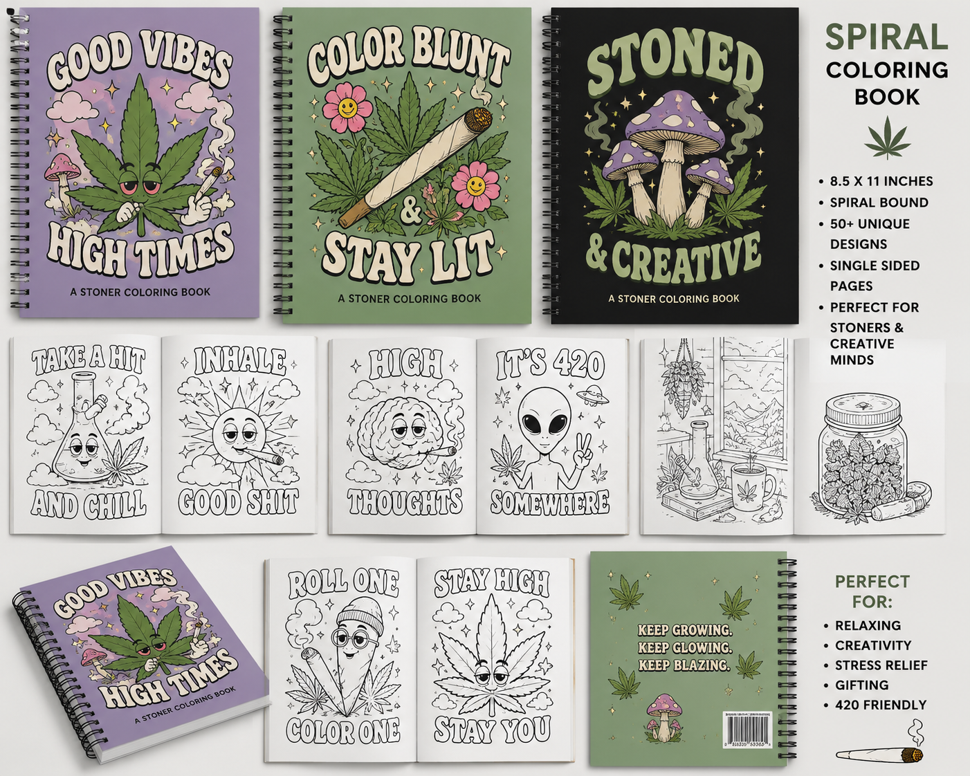 Stoned & Creative Spiral Coloring Book | Adult 420 Coloring Book | Funny Stoner Gift | Cannabis Coloring Pages