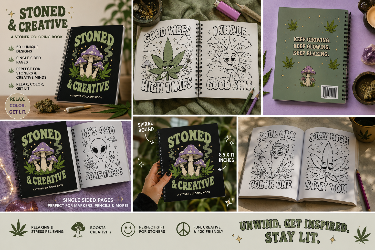 Stoned & Creative Spiral Coloring Book | Adult 420 Coloring Book | Funny Stoner Gift | Cannabis Coloring Pages