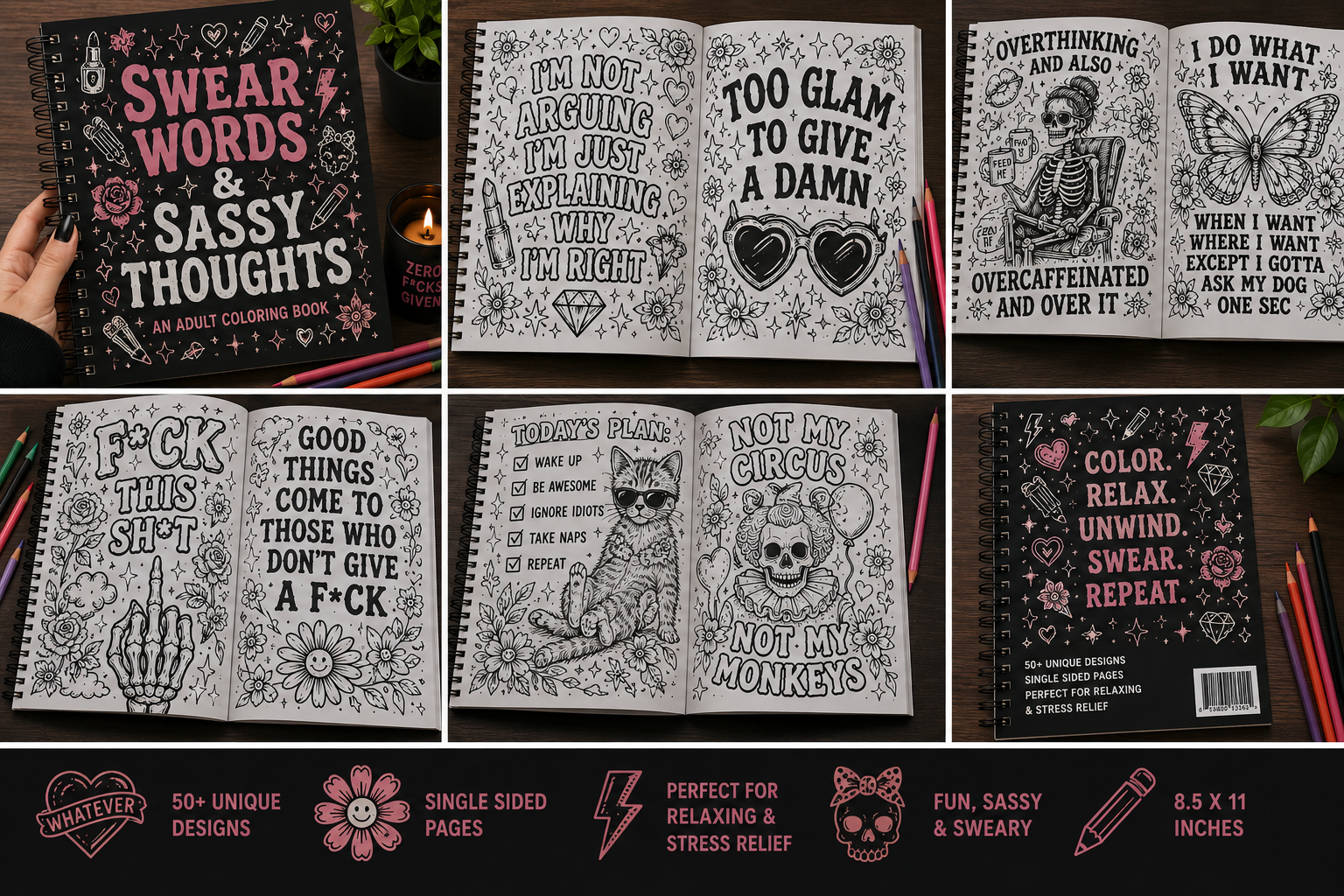 Swear Words & Sassy Thoughts Coloring Book | Funny Adult Coloring Book | Stress Relief Coloring Pages | Dark Humor Gift