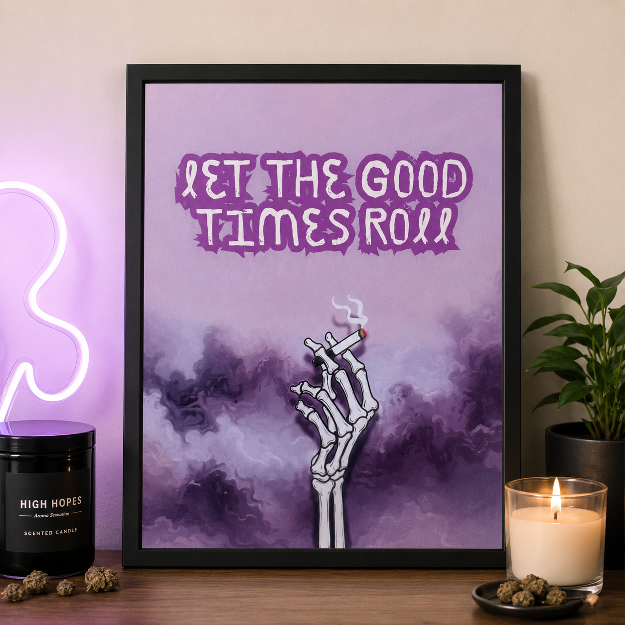 Let The Good Times Roll Wall Art | Purple Skeleton Smoke Poster | Aesthetic 420 Room Decor | Goth Stoner Print